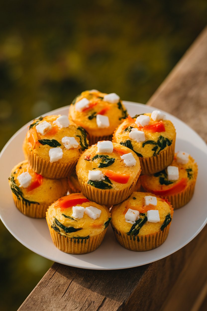 Indoor photo of a white plate holding several golden egg muffins dotted with spinach, bell pepper, and feta, shot from a slight overhead angle, warm natural light, no text or logos