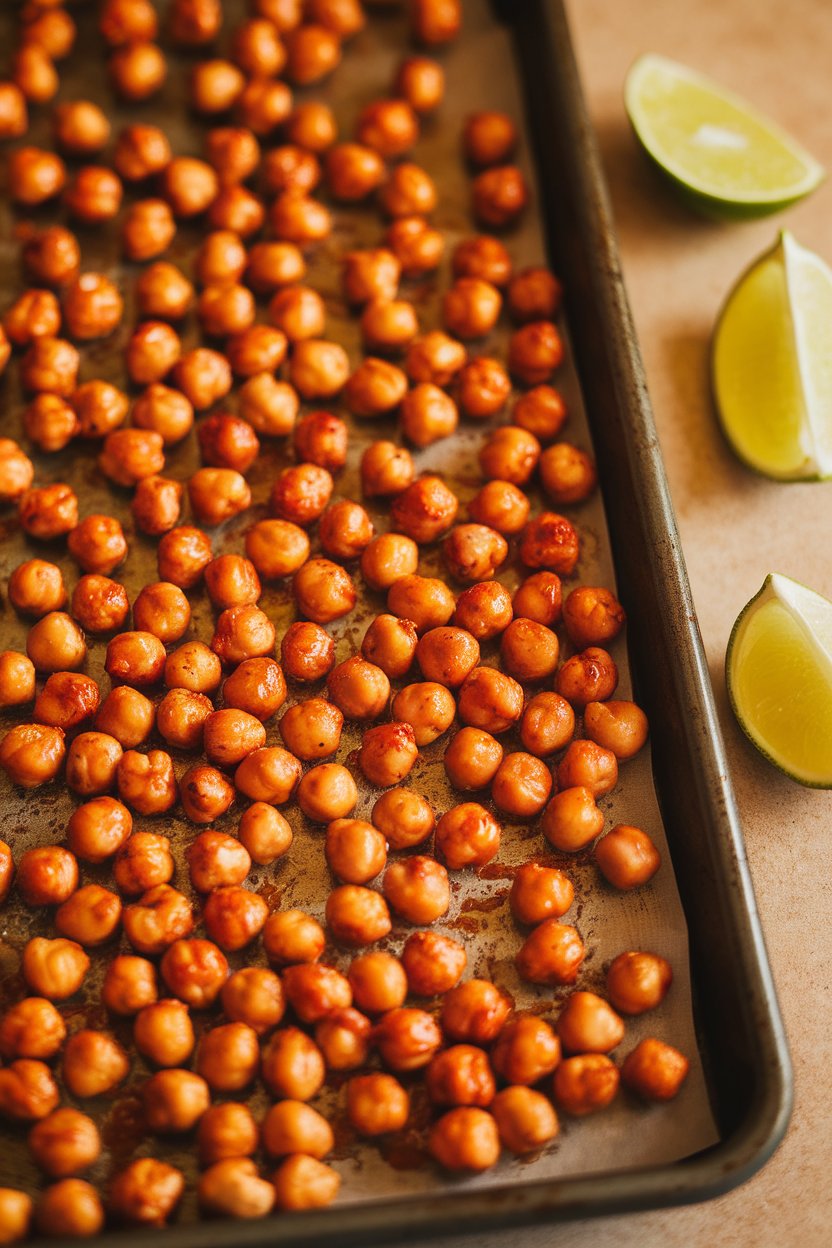 Photo, indoors, baking tray of crispy roasted chickpeas coated in red sriracha glaze, lime wedges nearby. No text or logos.