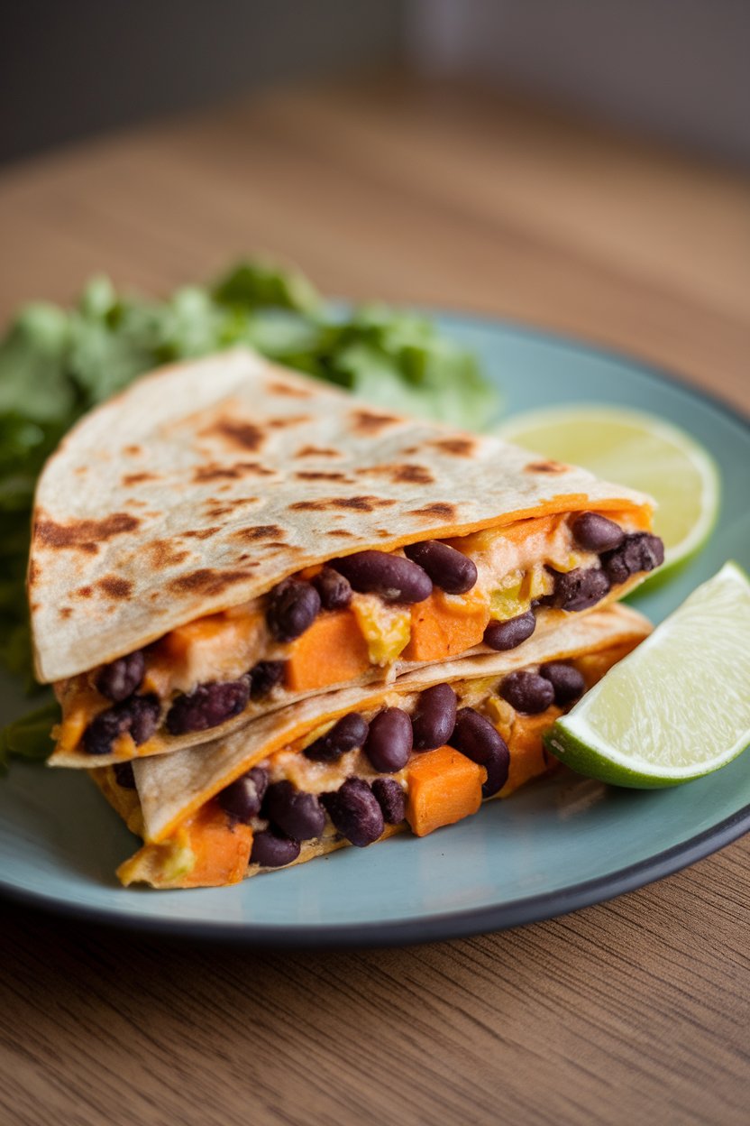 Indoor healthy plate, sweet potato black bean quesadilla with lime wedges, photo, no text or logos.