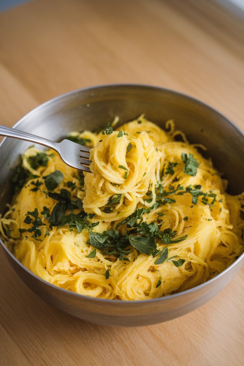 Indoor bowl heaped with fluffy spaghetti squash strands tossed in chopped parsley and basil, fork twirled in. No text or logos.