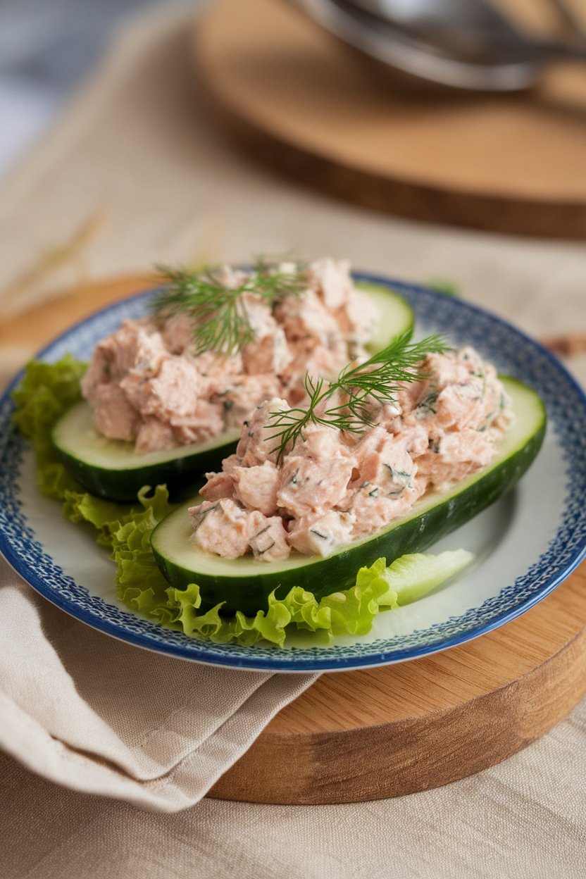 Indoor plate with hollowed cucumber halves filled with tuna salad dotted with fresh dill. No branding or text visible.