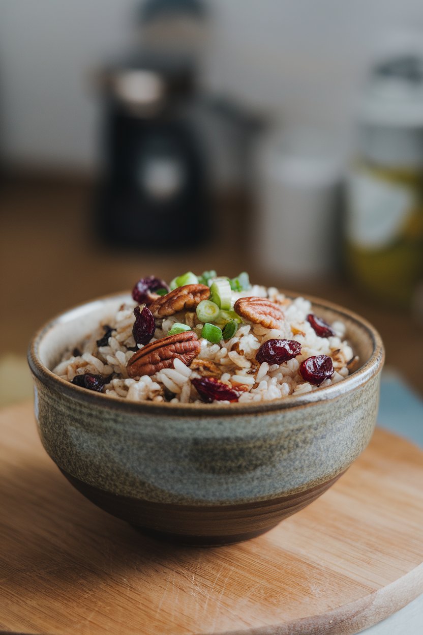A photo of a ceramic bowl indoors containing brown rice mixed with dried cranberries, chopped pecans, and green onions. No text or logos.