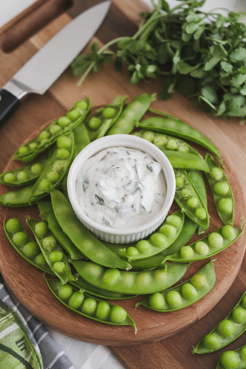 Indoor snack board featuring a small ramekin of creamy yogurt ranch surrounded by bright green snap peas. No logos or text.