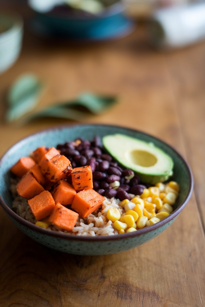 An indoor tabletop with a shallow bowl containing roasted sweet potato cubes, black beans, corn, and sliced avocado over brown rice. No text or logos present. Photo only.