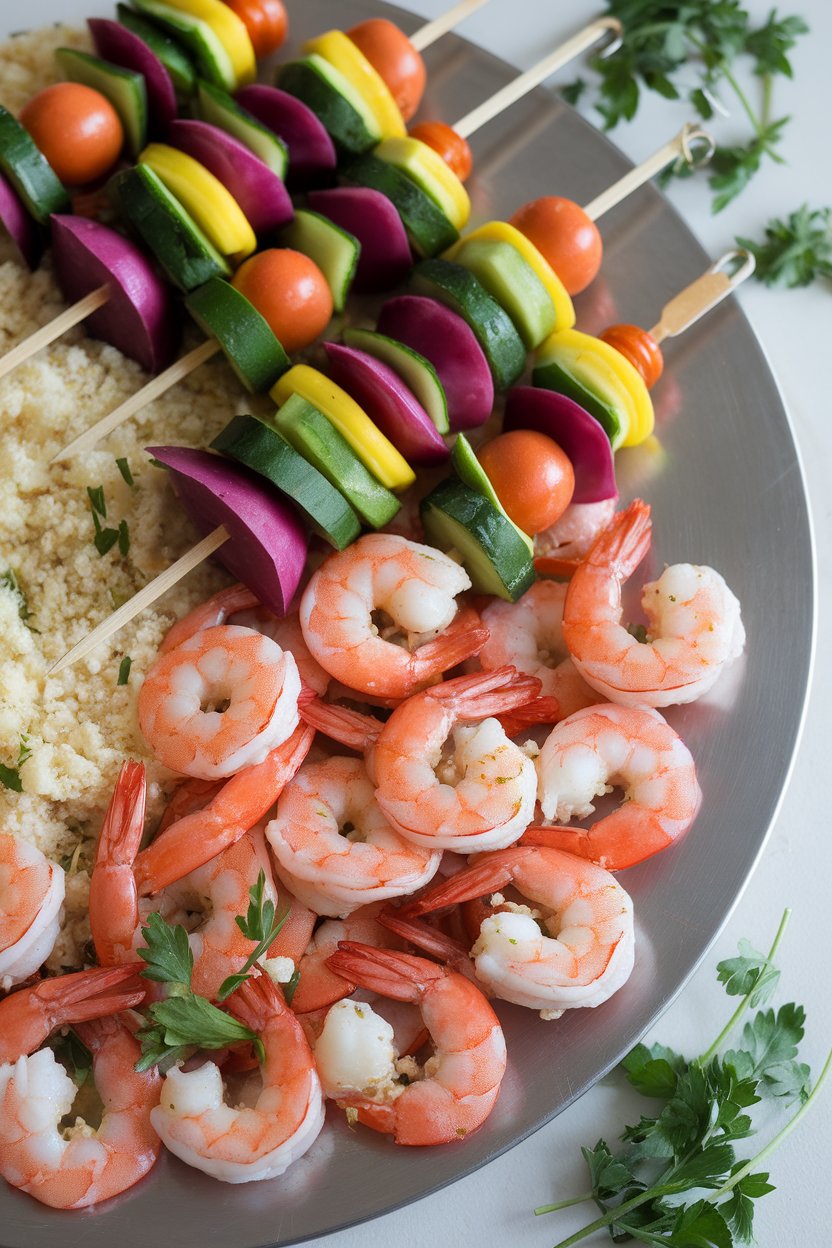 Indoor photo of cooked shrimp and colorful vegetable skewers resting beside fluffy couscous on a platter, no text or logos.