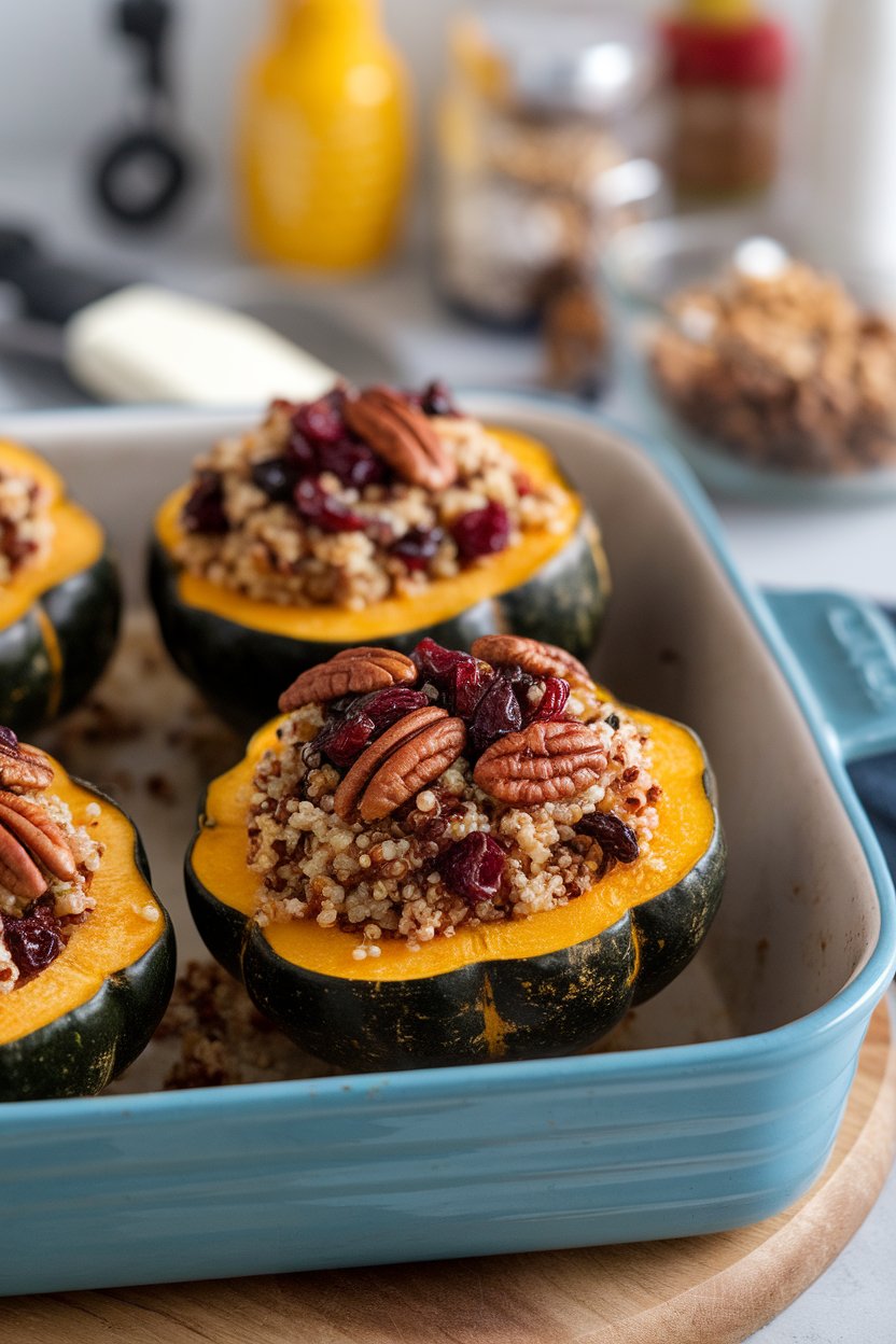 An indoor baking dish showcasing halved acorn squash filled with quinoa, dried cranberries, and glazed pecans. No text or logos; photo, not illustration.