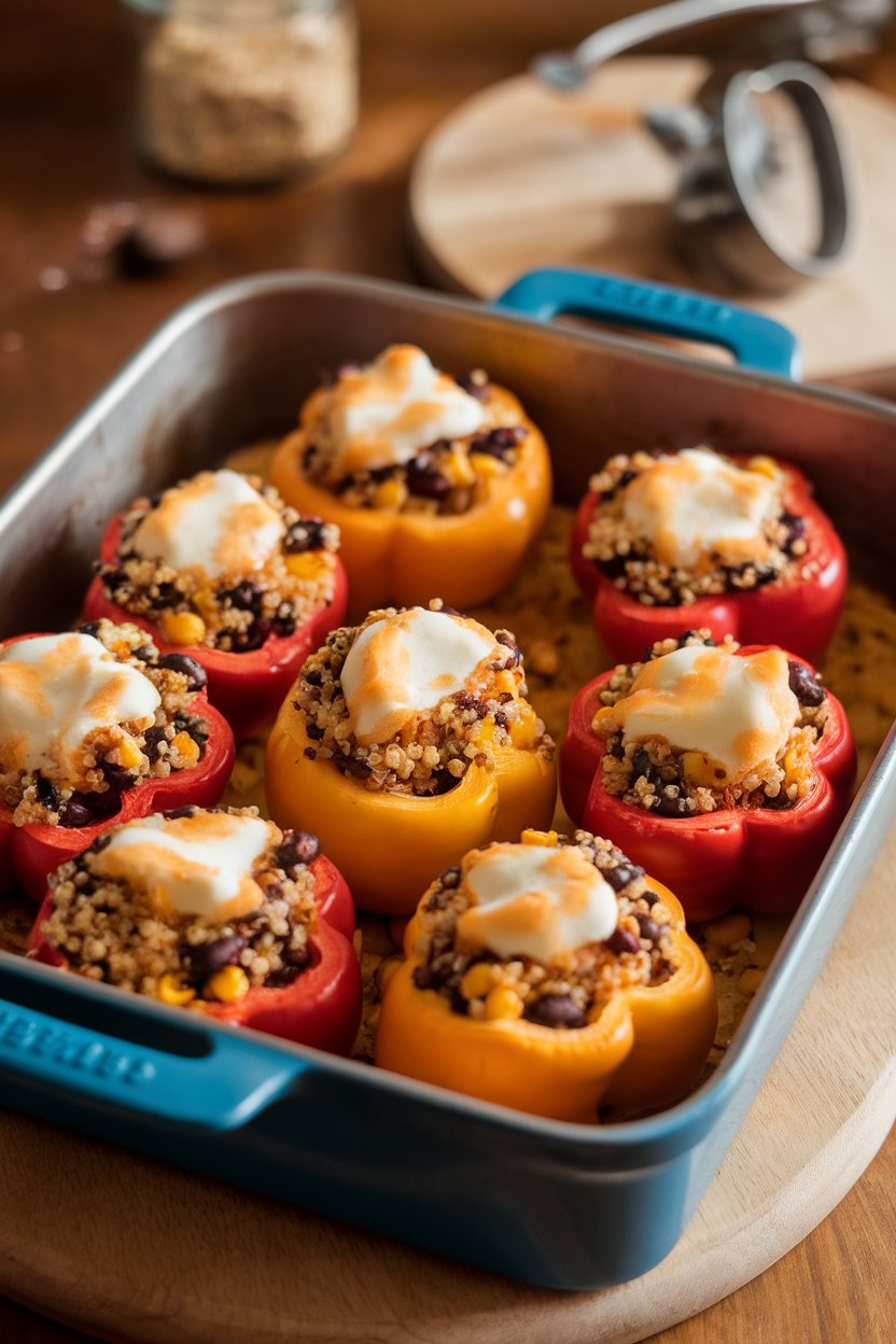 An indoor baking dish with colorful bell peppers stuffed with quinoa, black beans, and corn, cheese lightly melted on top; no text or logos, photo only