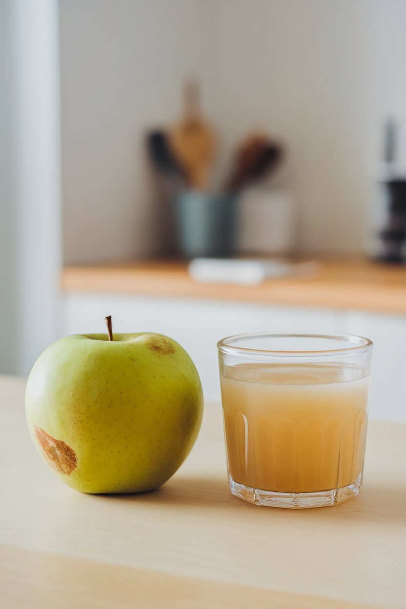 Indoor side-by-side photo of an apple and a small glass of apple juice, illustrating fiber difference. Bright kitchen light, no text or logos.