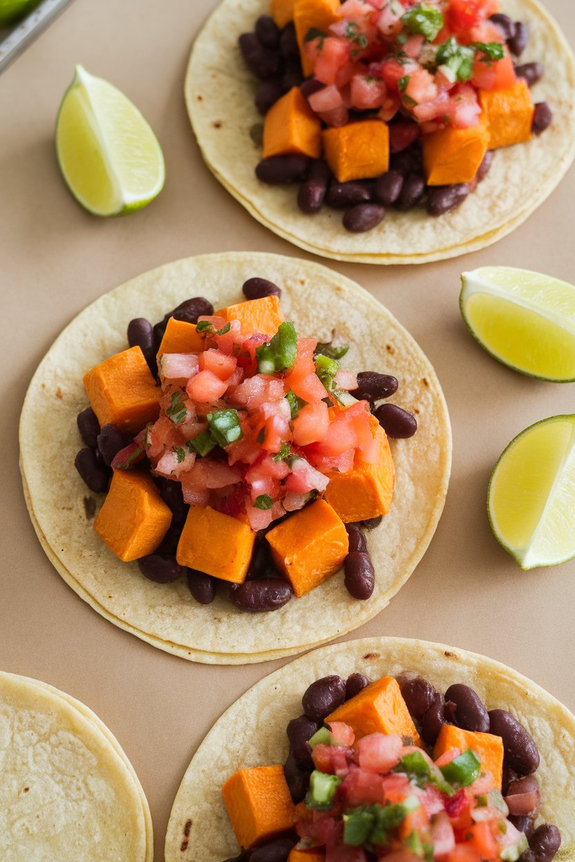 An indoor tabletop with three soft corn tortillas filled with roasted orange sweet potato cubes, black beans, and fresh pico de gallo. Lime wedges sit nearby; no visible text or branding.