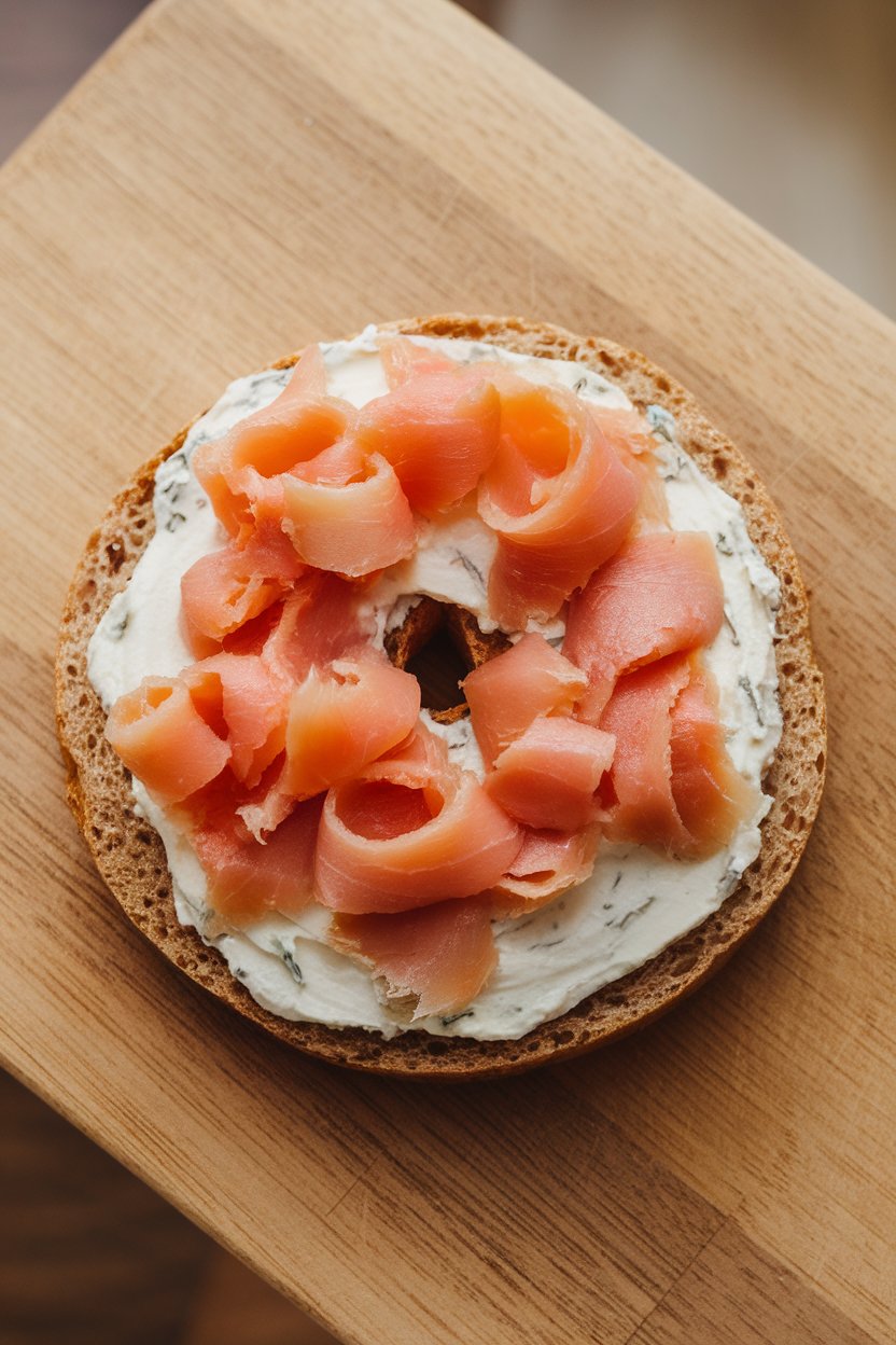 Indoor photo of a whole-grain bagel thin topped with herb cream cheese and smoked trout ribbons, overhead view, no text or logos