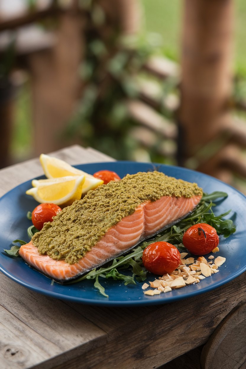 Indoor plate showing opened foil packet revealing salmon fillet coated in green almond pesto with roasted cherry tomatoes. No raw fish, no logos.