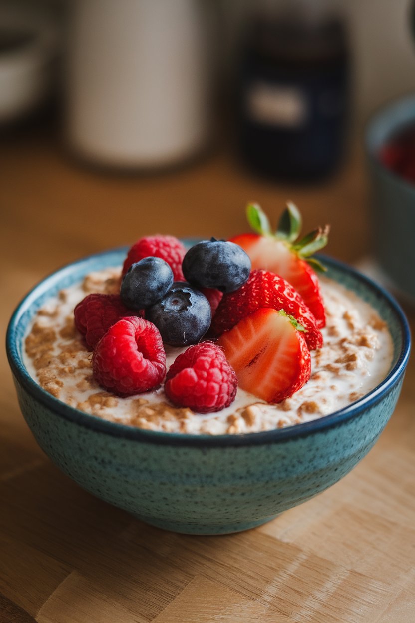 Warm indoor bowl of creamy farina cereal topped with a medley of raspberries, blueberries, and strawberries. No text or logos visible.