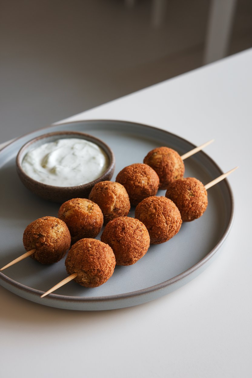 An indoor plate featuring round baked falafel balls each skewered on a short wooden stick, with a side of tzatziki. Photo, no text or logos.