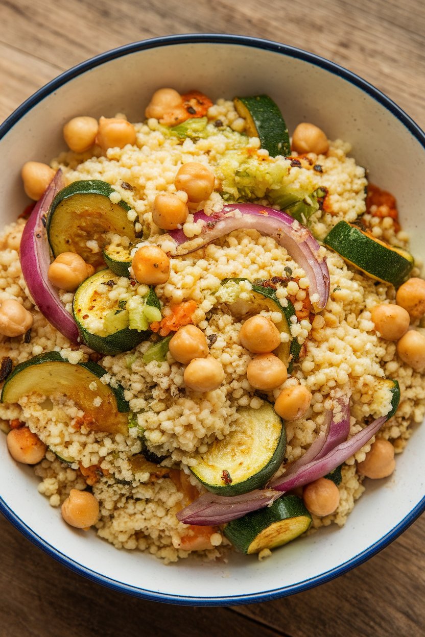 An indoor serving bowl of fluffy couscous mixed with harissa-roasted zucchini, red onions, and chickpeas; no text or logos; photo