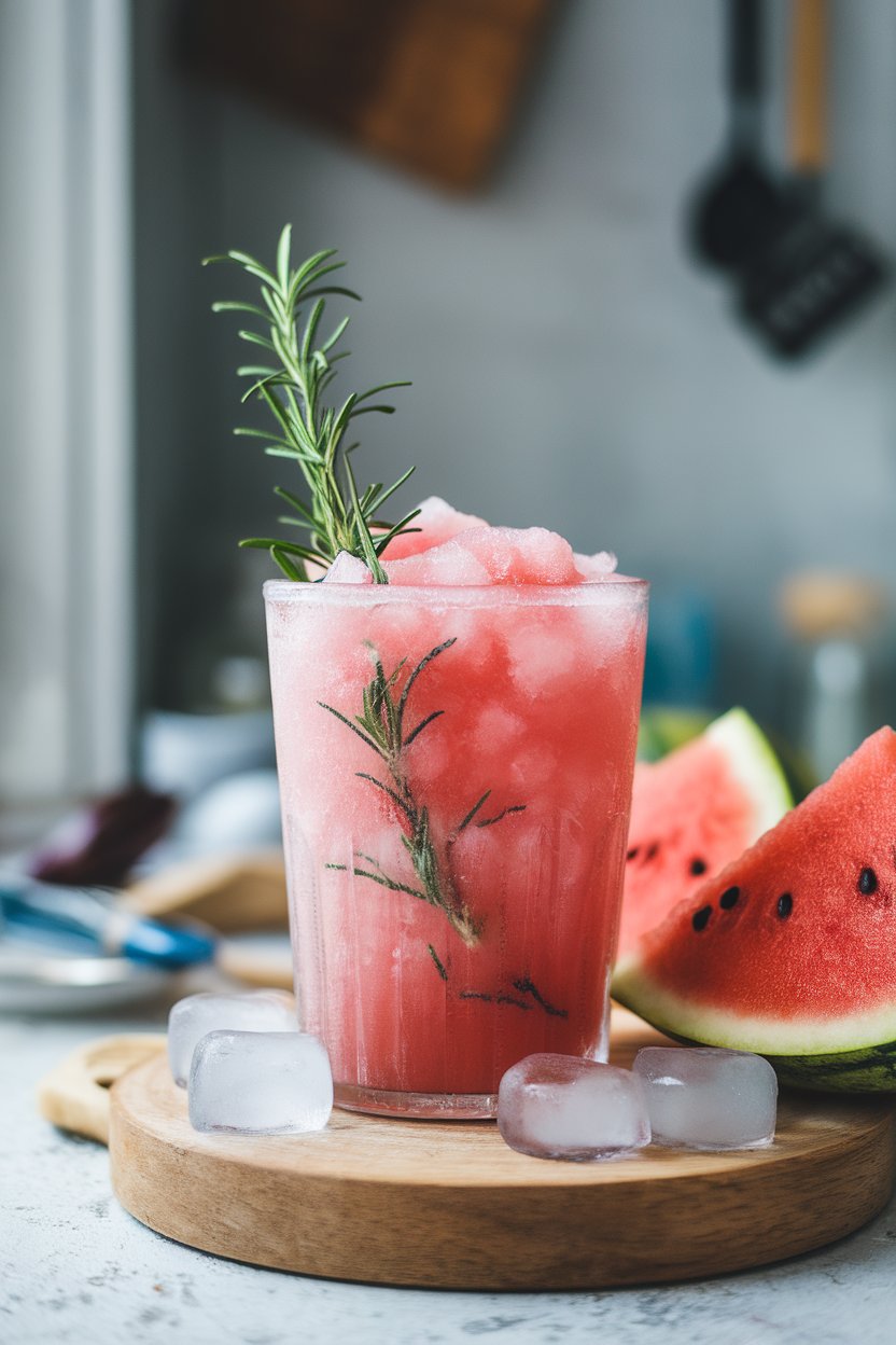 Indoor frozen drink glass of icy pink watermelon slush, rosemary sprig tucked in. No text or logos.