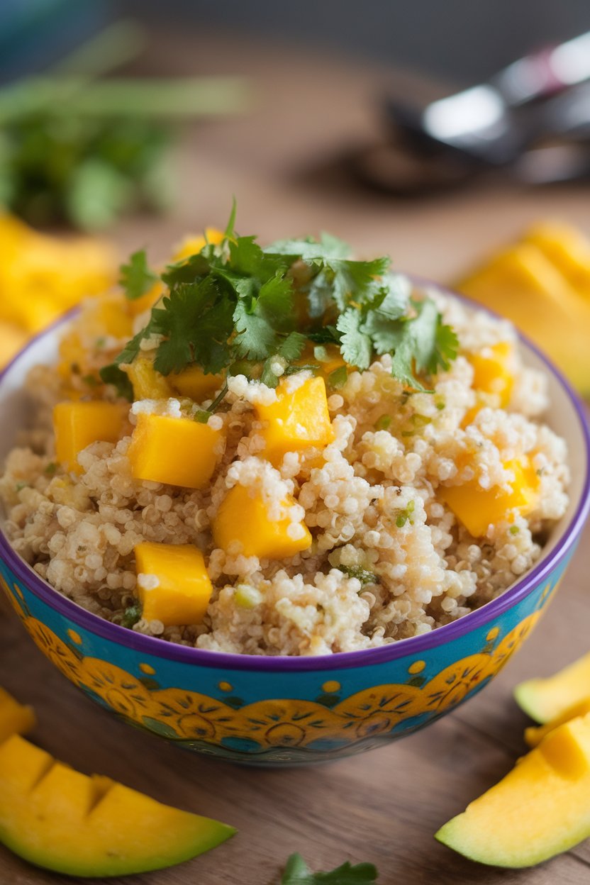 Indoor photo of fluffy quinoa mixed with diced mango and chopped cilantro in a colorful bowl. No text or logos; photo.