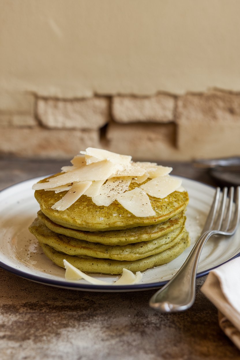 Indoor savory plate of green pancakes topped with shaved Parmesan and cracked pepper; no logos.