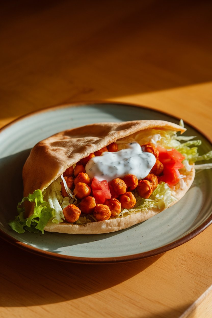 Photo prompt: Warm indoor lighting highlighting a pita pocket stuffed with spiced roasted chickpeas, shredded lettuce, diced tomatoes, and a dollop of yogurt sauce on a plate. No text or logos in scene.