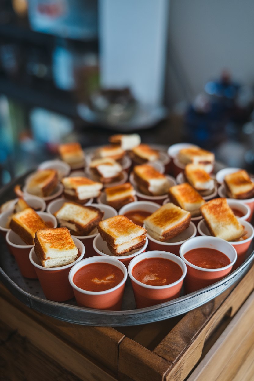 Indoor tray of mini cups filled with red tomato soup, each topped with a cube of grilled cheese sandwich. No text or logos. Photo only.