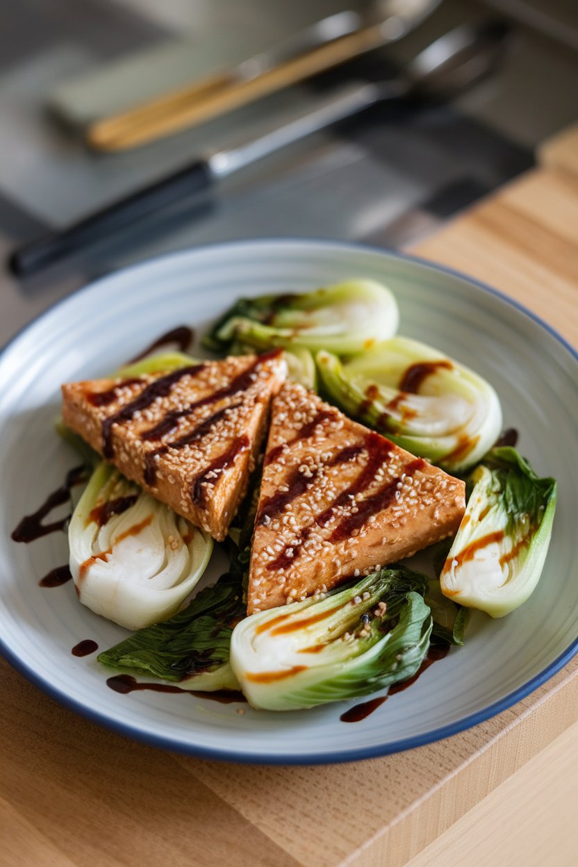 An indoor plate featuring triangles of sesame-coated tofu resting on sautéed baby bok choy, drizzle of soy glaze. No text or logos; photo, not illustration.