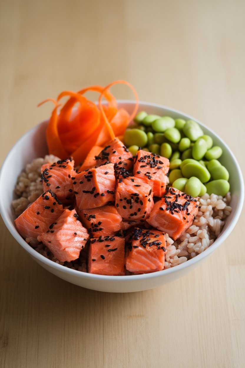 An indoor countertop bowl filled with cooked, cubed sesame-ginger salmon, brown rice, edamame, and carrot ribbons—everything neatly arranged. No logos or text anywhere.