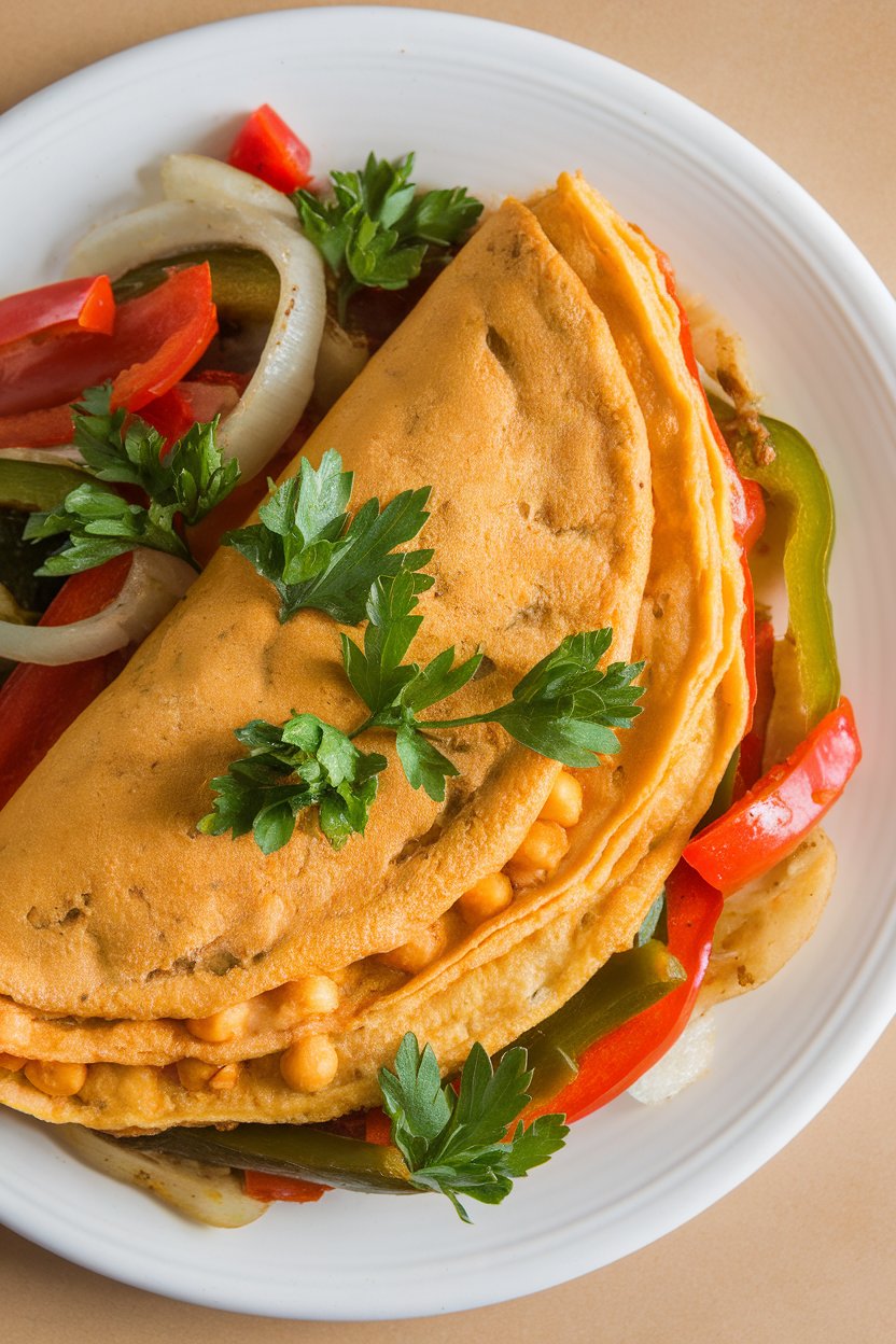 Indoor photo of a golden chickpea omelet folded over sautéed vegetables, garnished with parsley, overhead angle, no text or logos