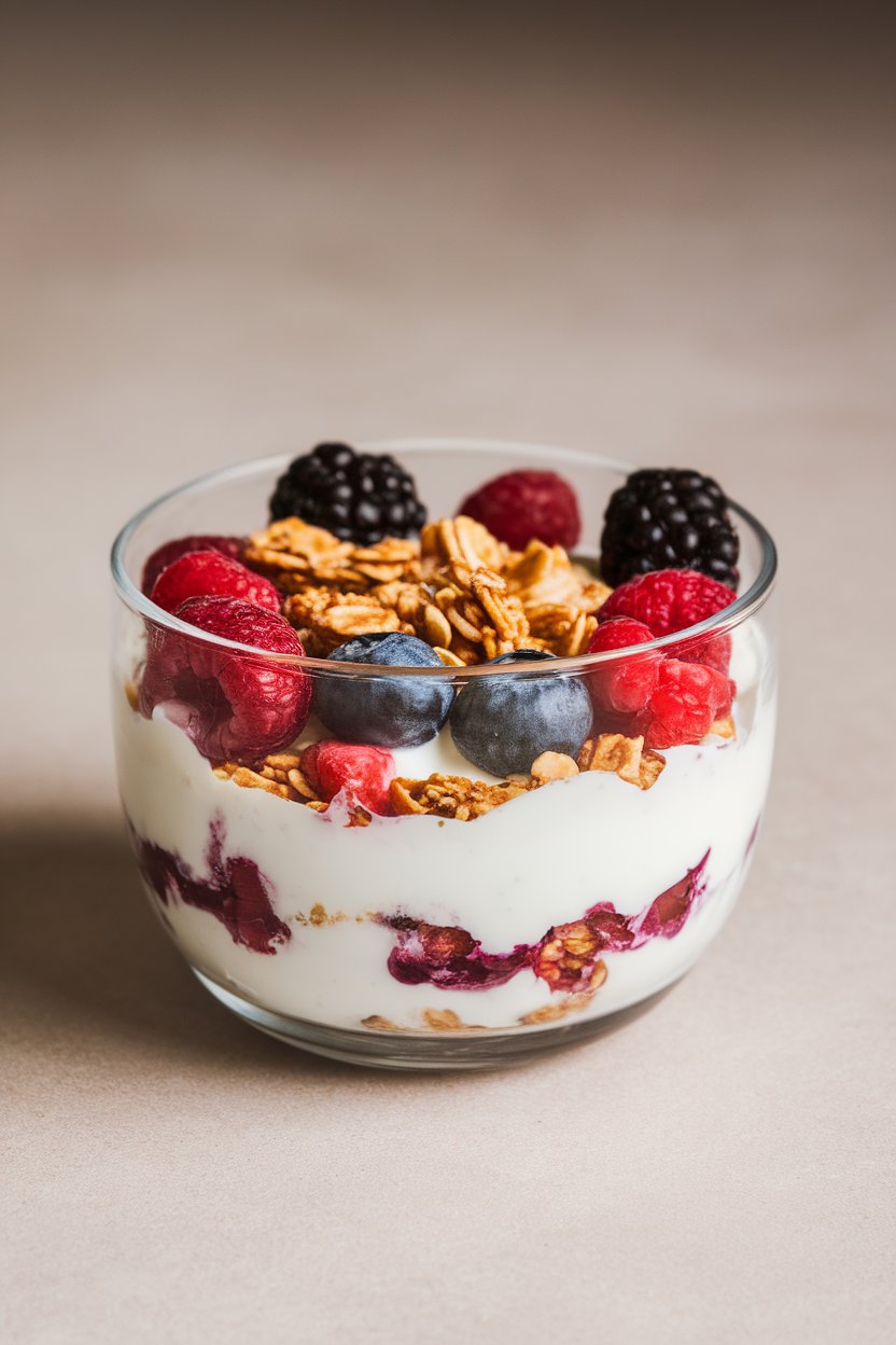 Indoor photo of a clear bowl showing layers of thick Greek yogurt, thawed mixed berries, and a sprinkle of granola; neutral background, no text or logos