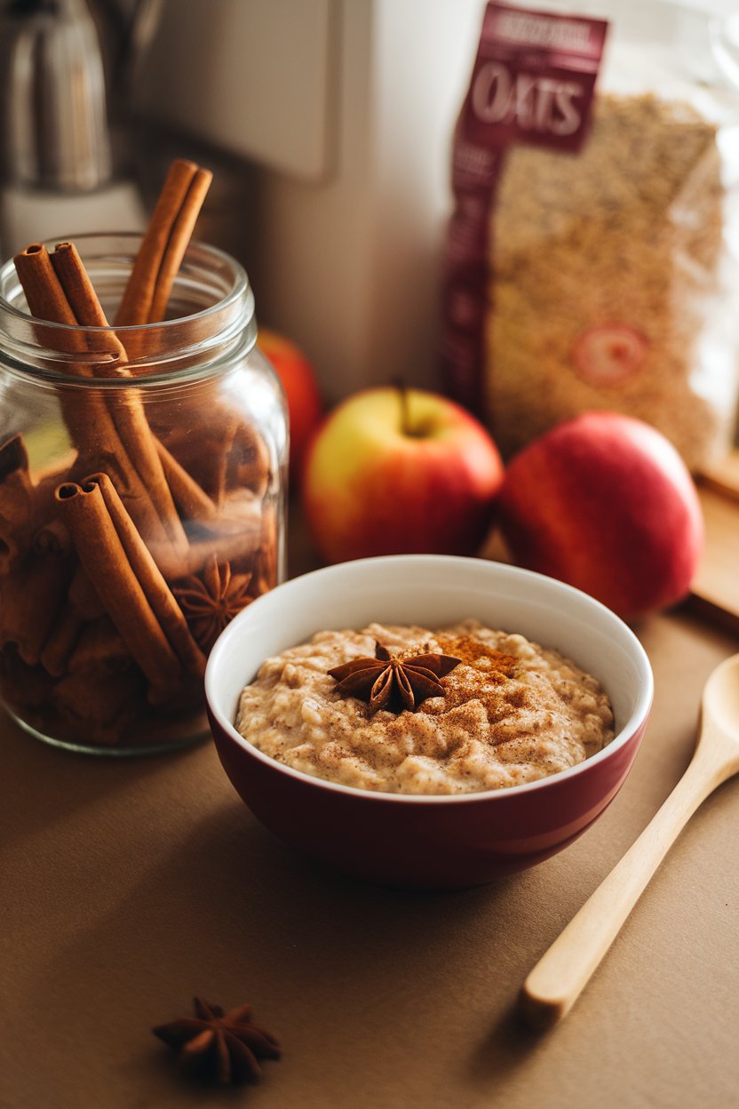 Indoor cozy counter shot of a jar sprinkled with cinnamon sticks and star anise nearby, oats inside infused with chai spices. No branding or text. Photo not illustration.
