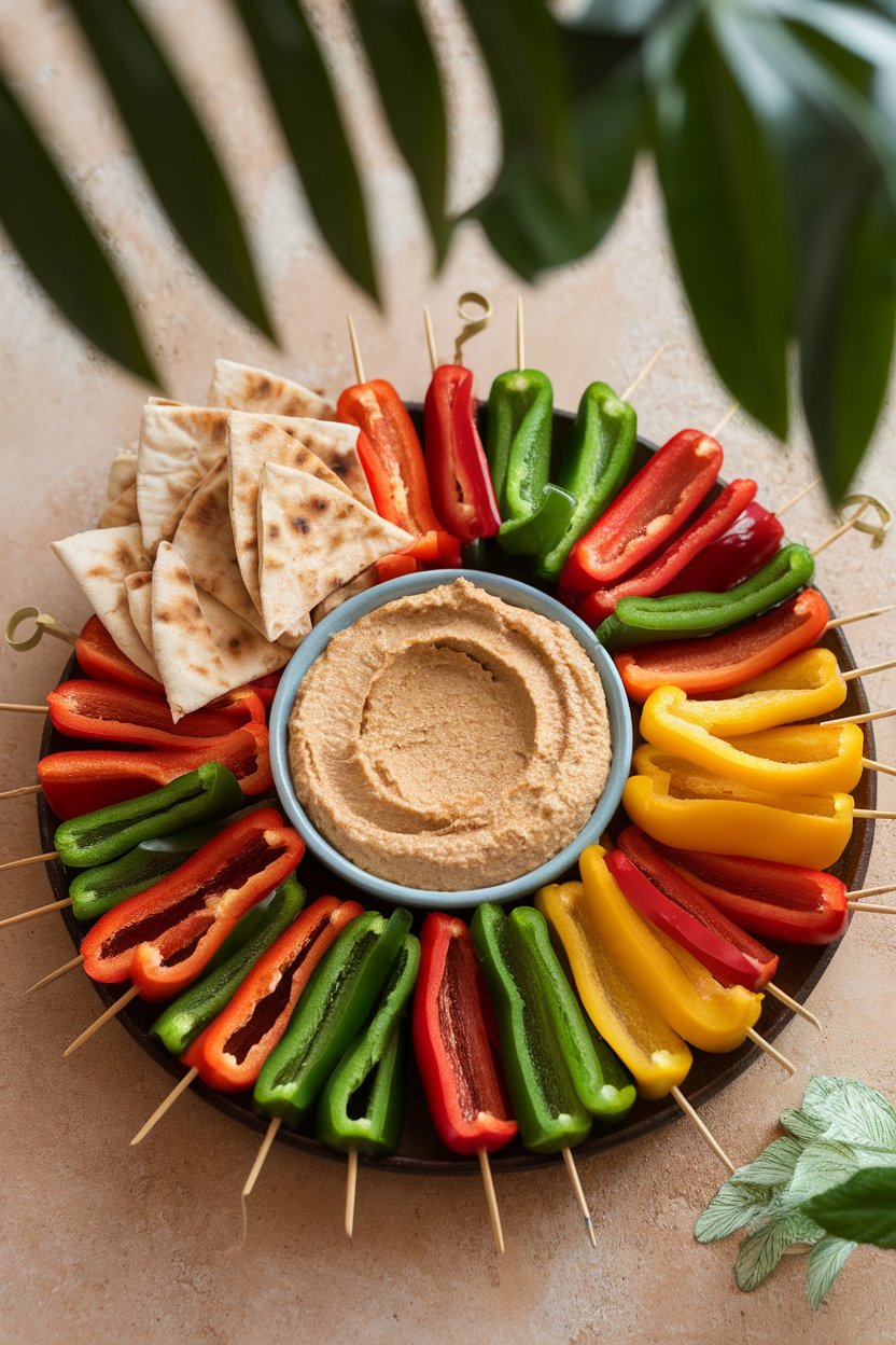 An indoor platter of colorful bell pepper strips arranged around a bowl of creamy hummus; no brand names.