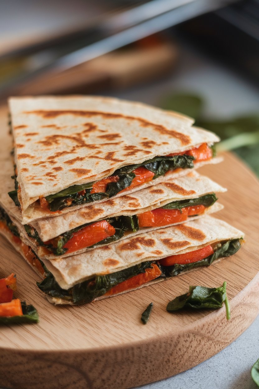 Indoor skillet shot of a whole-grain quesadilla sliced into wedges, roasted red pepper and spinach spilling slightly. No logos or text.