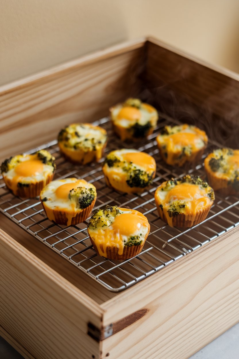 An indoor cooling rack with mini egg muffins dotted with broccoli and melted cheddar, steam faintly visible. No text or logos present. Photo only.