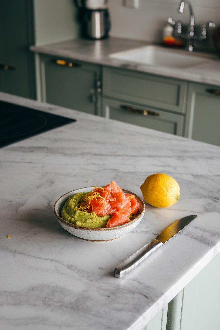 Indoor kitchen island scene with a small bowl of mashed avocado and cooked canned salmon, garnished with lemon zest. No logos or text.