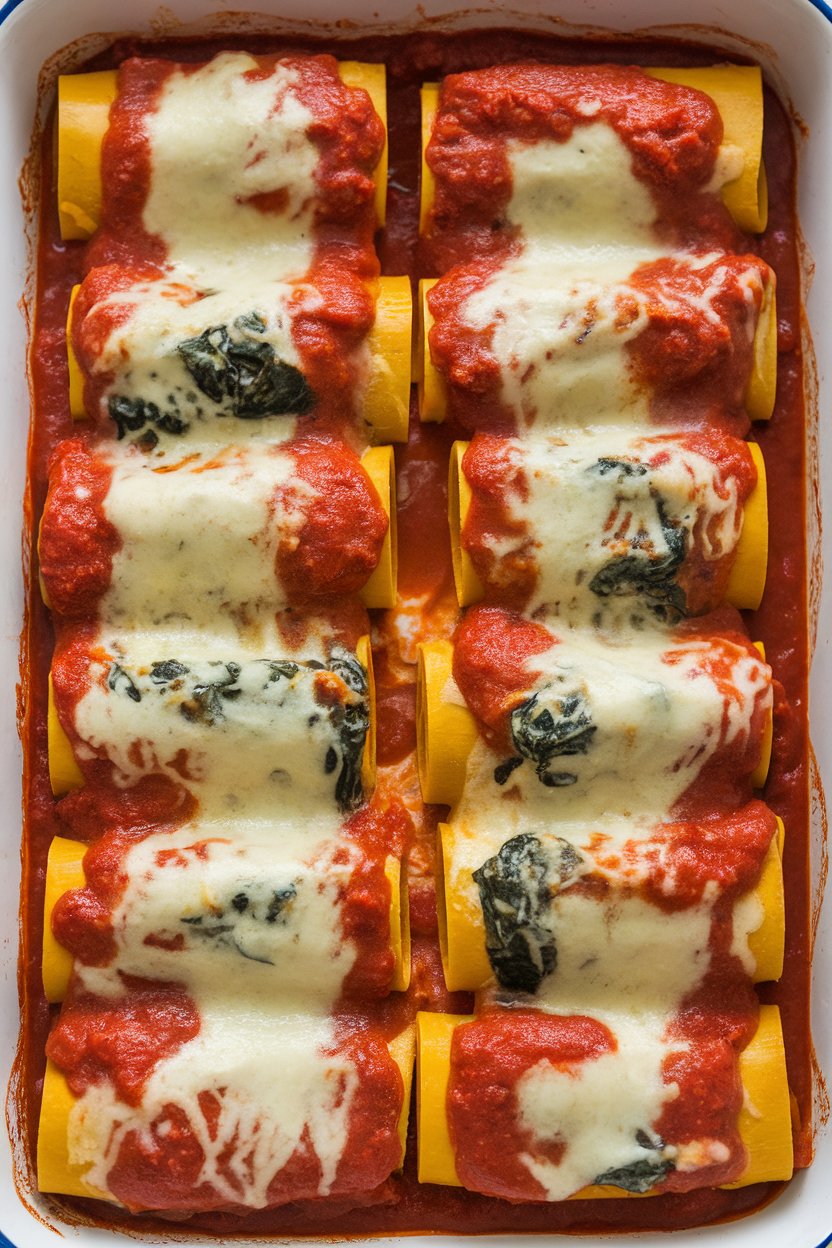 Indoor baking dish lined with lasagna noodles rolled around creamy butternut and spinach filling, marinara spooned over, cheese melted. Photo only, no text or logos.