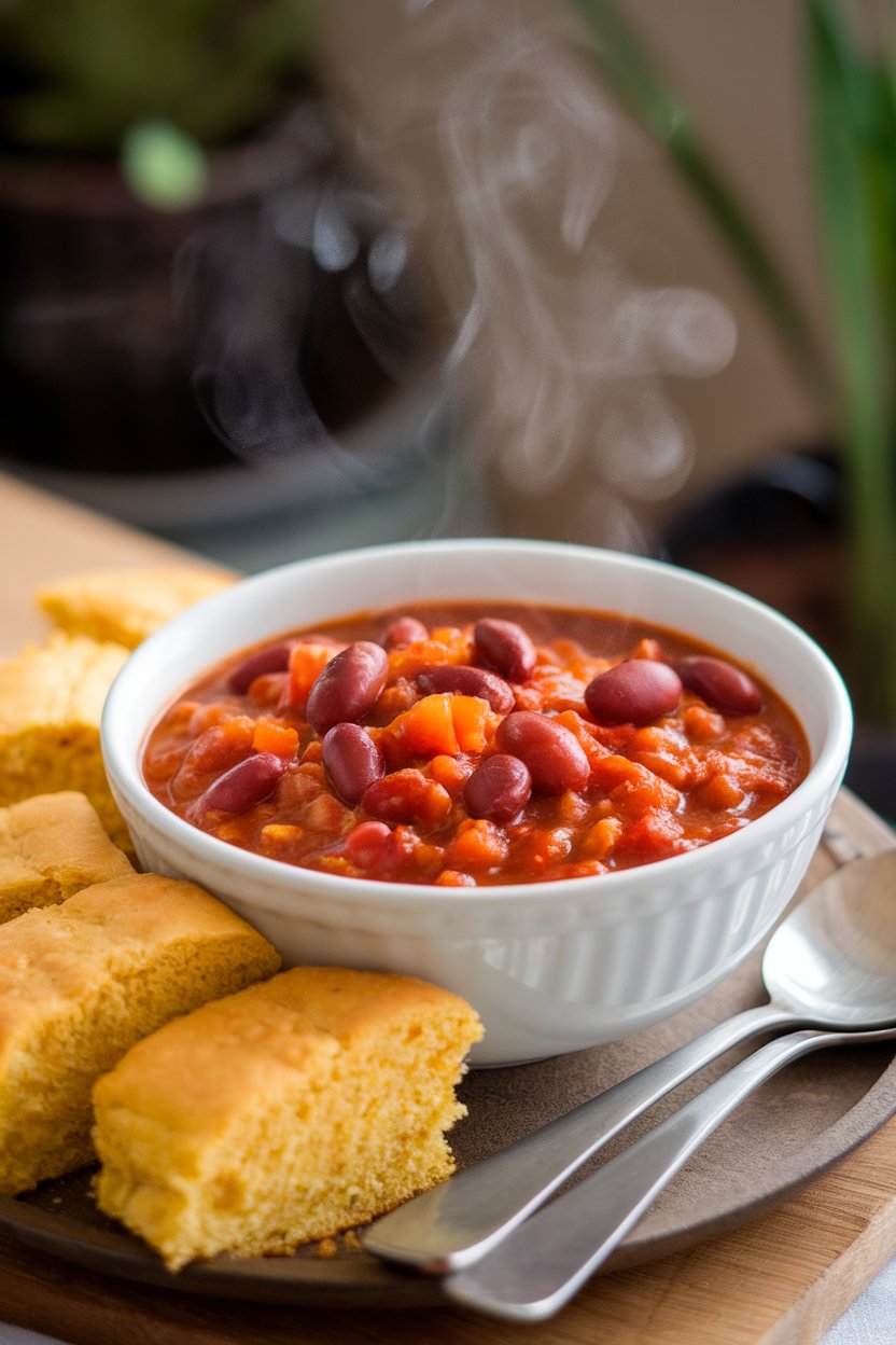Photo of a steaming bowl of turkey chili filled with red kidney beans and diced tomatoes indoors; no text or logos anywhere.