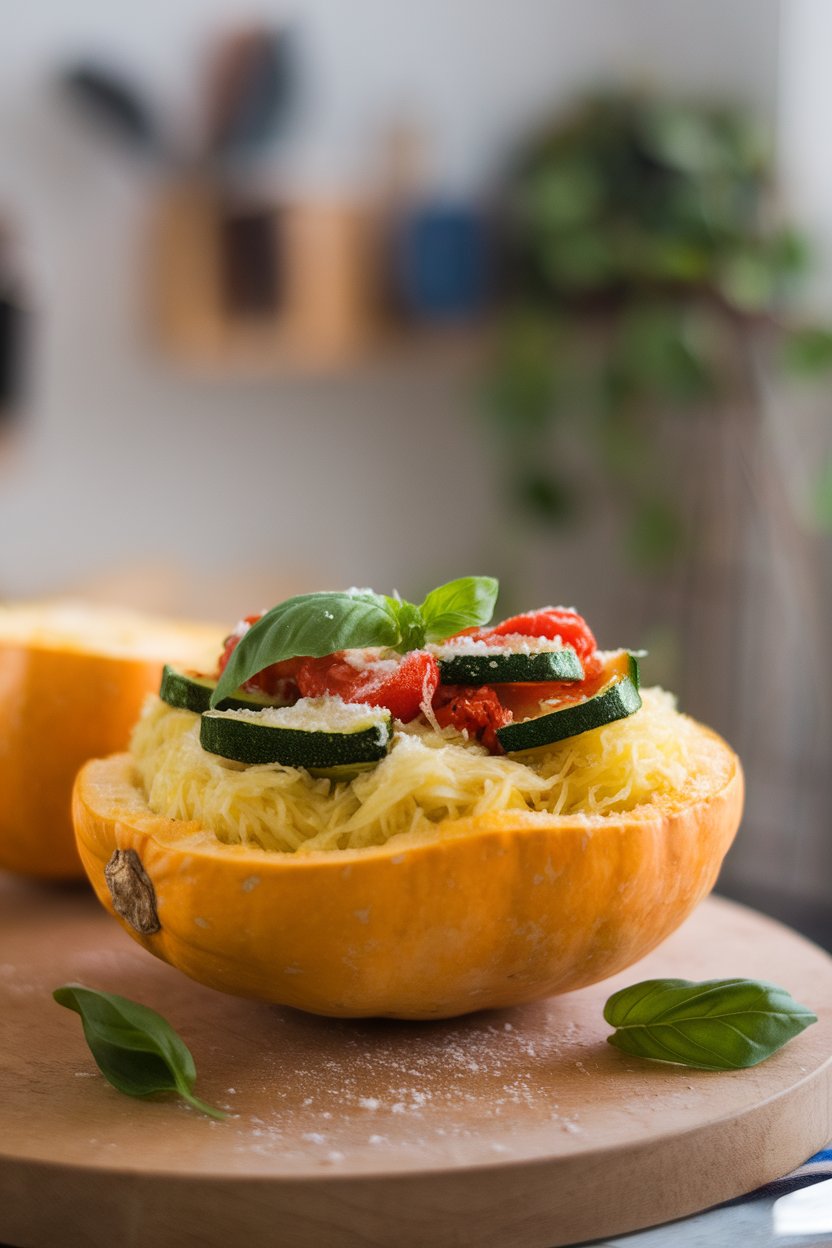 Indoor photo of a spaghetti squash half used as a bowl, filled with sautéed zucchini, cherry tomatoes, and fresh basil, lightly dusted with Parmesan. No logos or text.