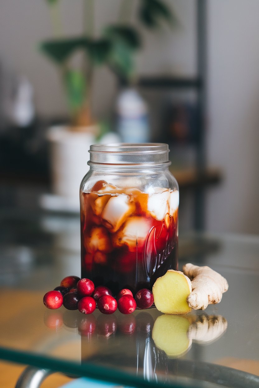 Indoor glass tabletop with a mason jar of crimson-hued cold brew, fresh cranberries and sliced ginger visible at bottom, ice cubes glinting. No text or logos. Photo only.