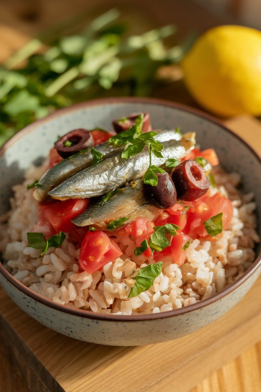 Indoor photo showing a bowl of brown rice topped with canned sardine fillets, chopped tomatoes, olives, and parsley. No text or logos.