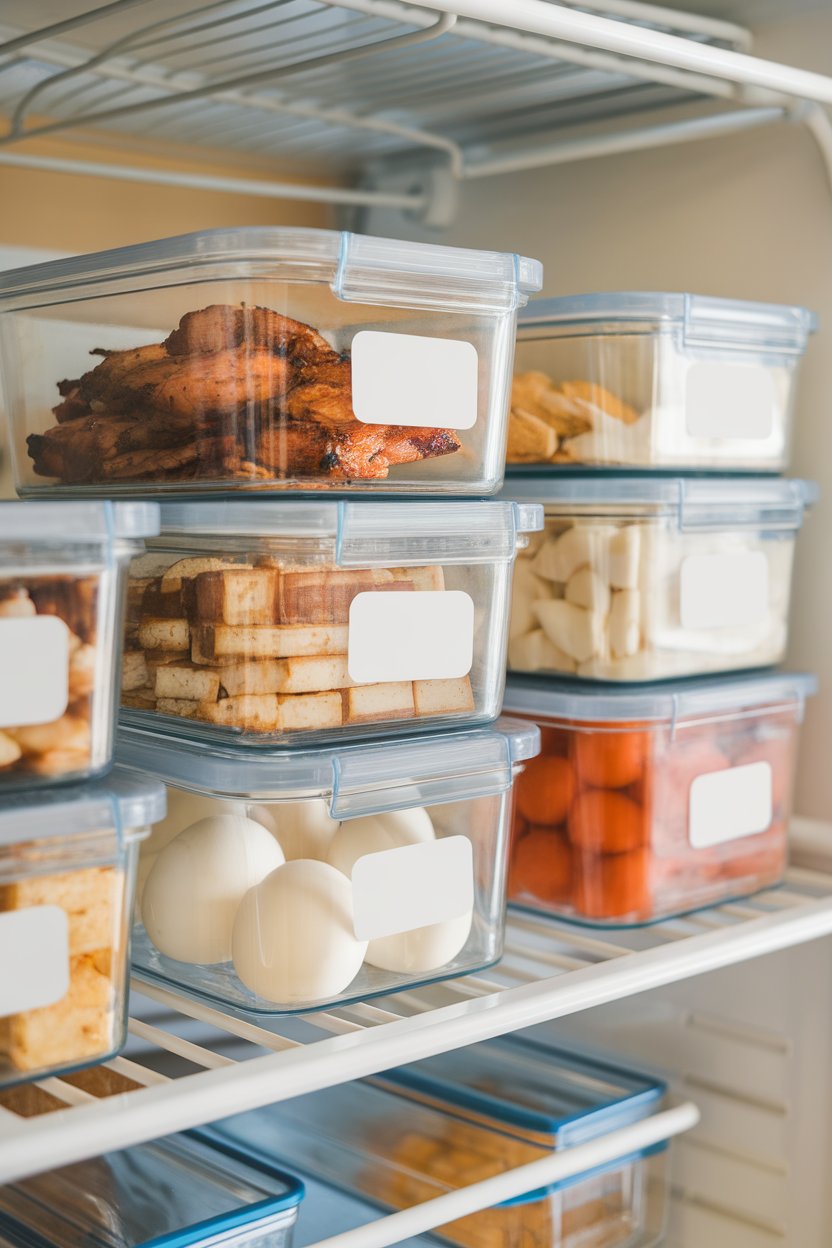 Indoor refrigerator shelf with glass containers of grilled chicken, baked tofu, and boiled eggs, neatly labeled. No text or logos, photo not illustration.