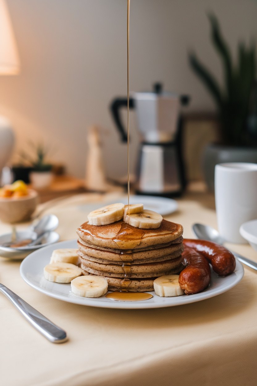 Indoor brunch table featuring a short stack of buckwheat pancakes topped with banana slices and a light drizzle of maple syrup. No text or logos; photo.