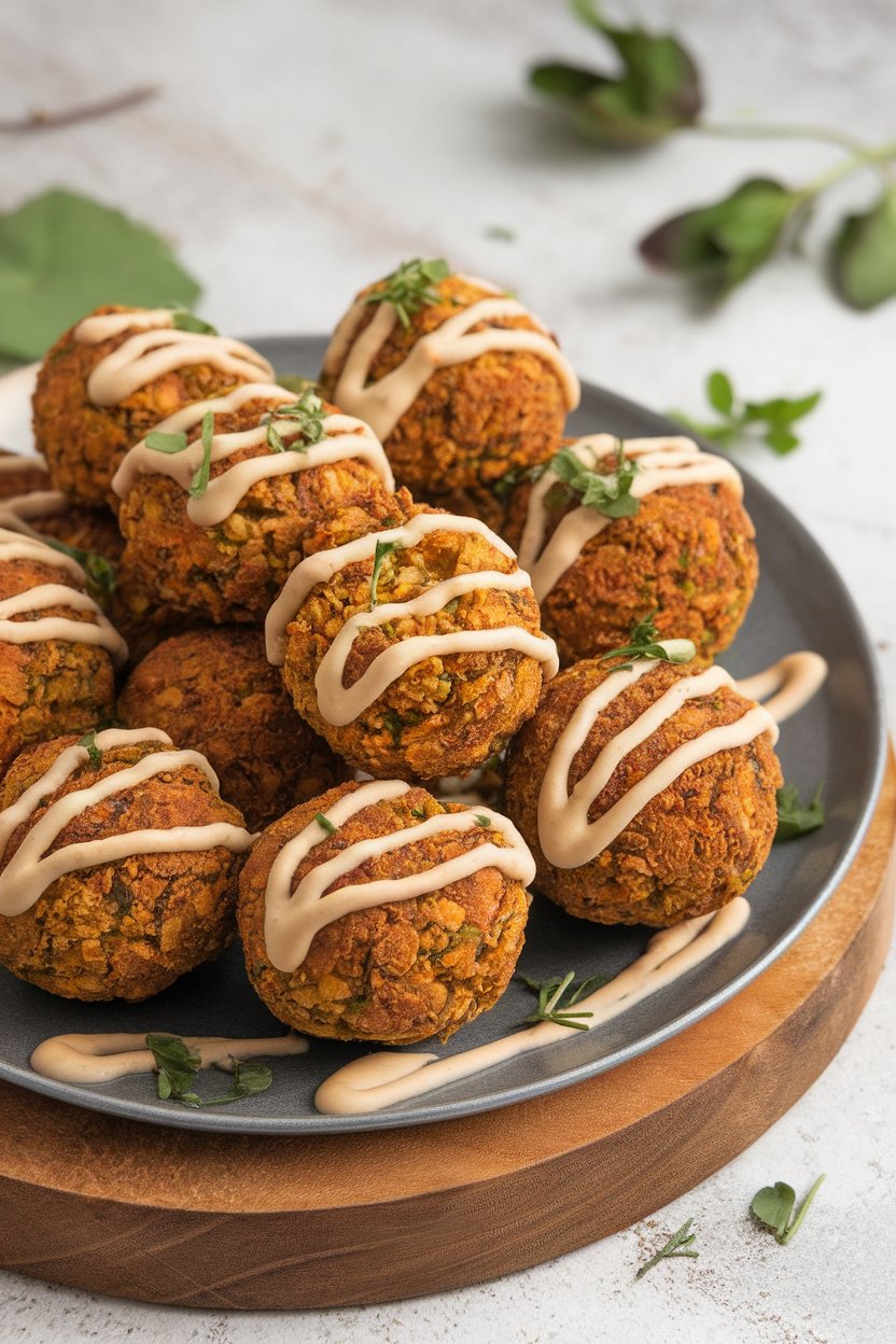 Bite-size falafel balls on a platter with zig-zagged tahini sauce indoors. No text or logos. Photo.
