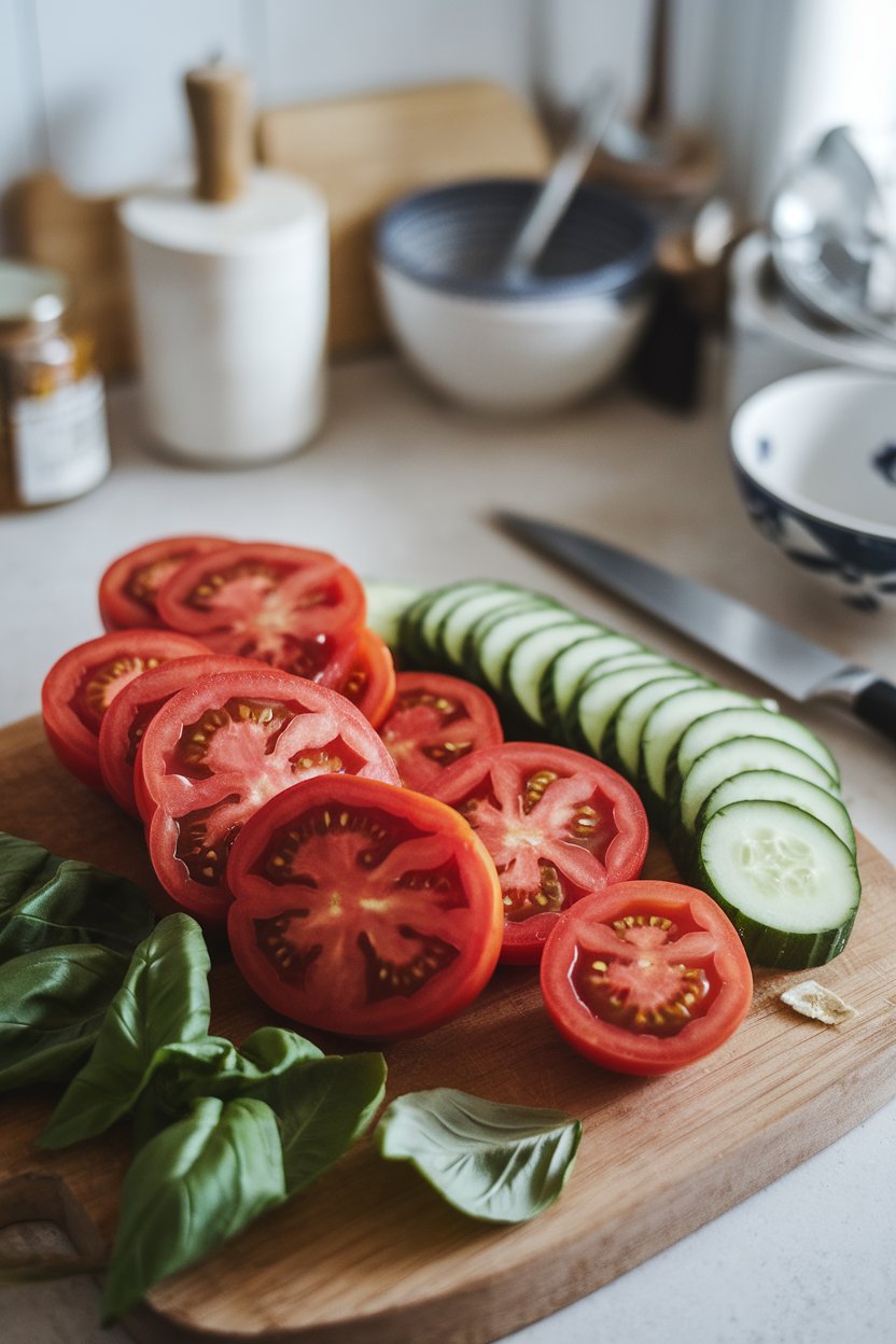 Photo of sliced heirloom tomatoes, cucumber half-moons, and torn basil leaves in an indoor kitchen, no text or logos.