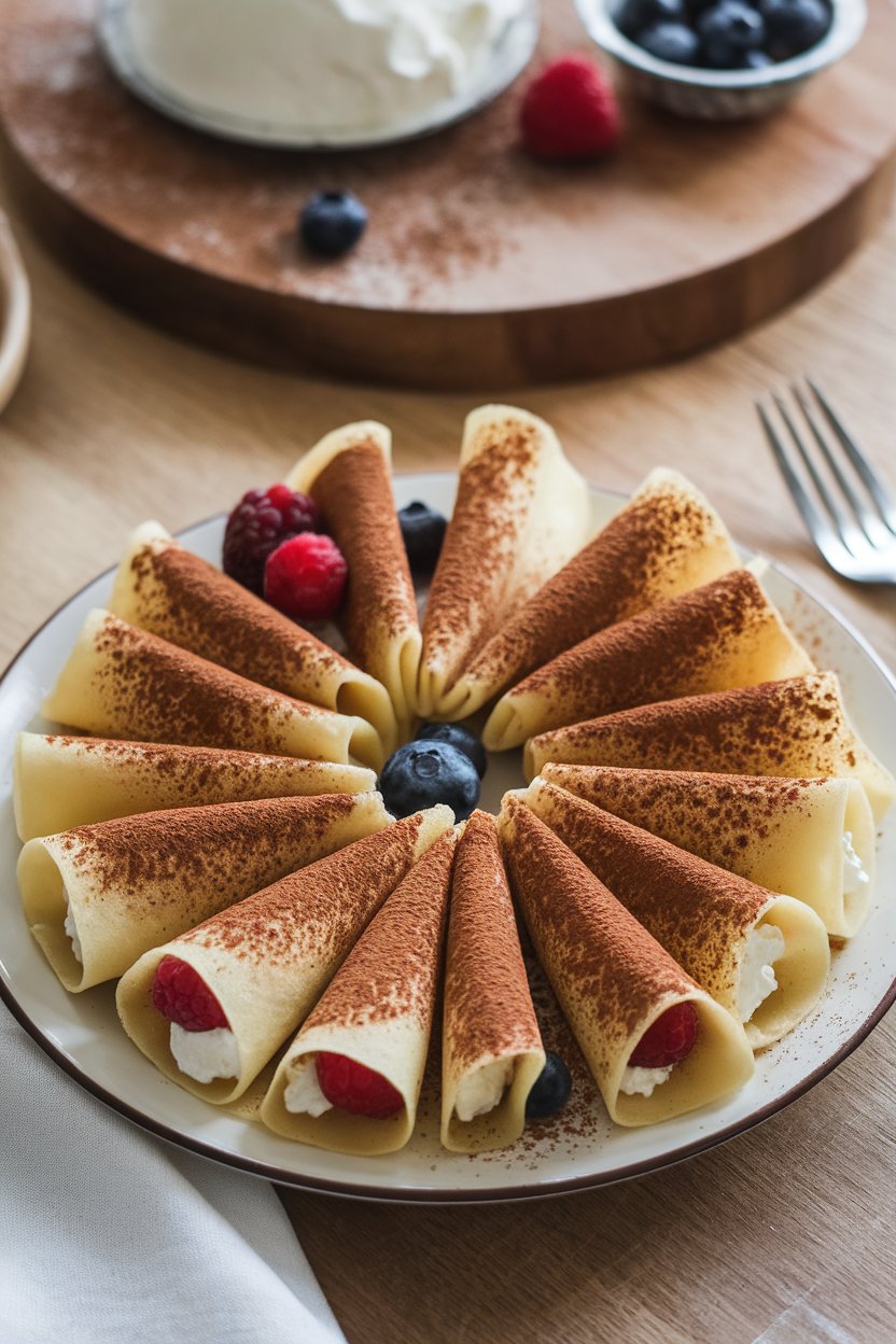 Indoor photo of thin crepes rolled and filled with cottage cheese and berries, dusting of cocoa powder, no text or logos