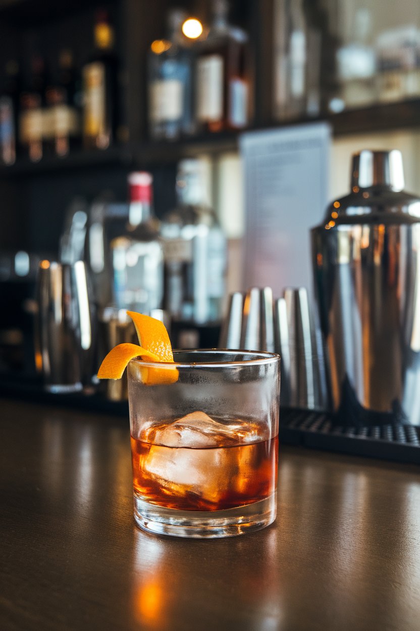 A dimly lit indoor bar with a rocks glass Old Fashioned on a single clear ice cube and an orange peel. No text or logos.