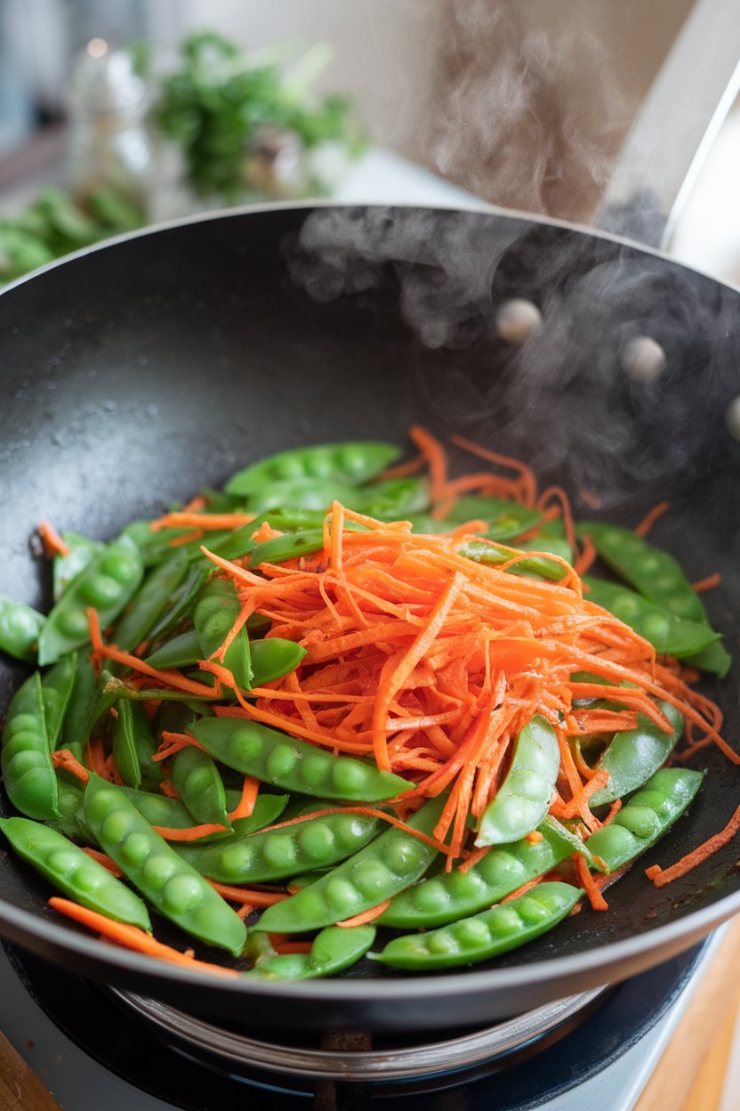Indoor wok with bright green snap peas and julienned carrots tossed in glossy ginger sauce, steam rising. No text or logos; photo.