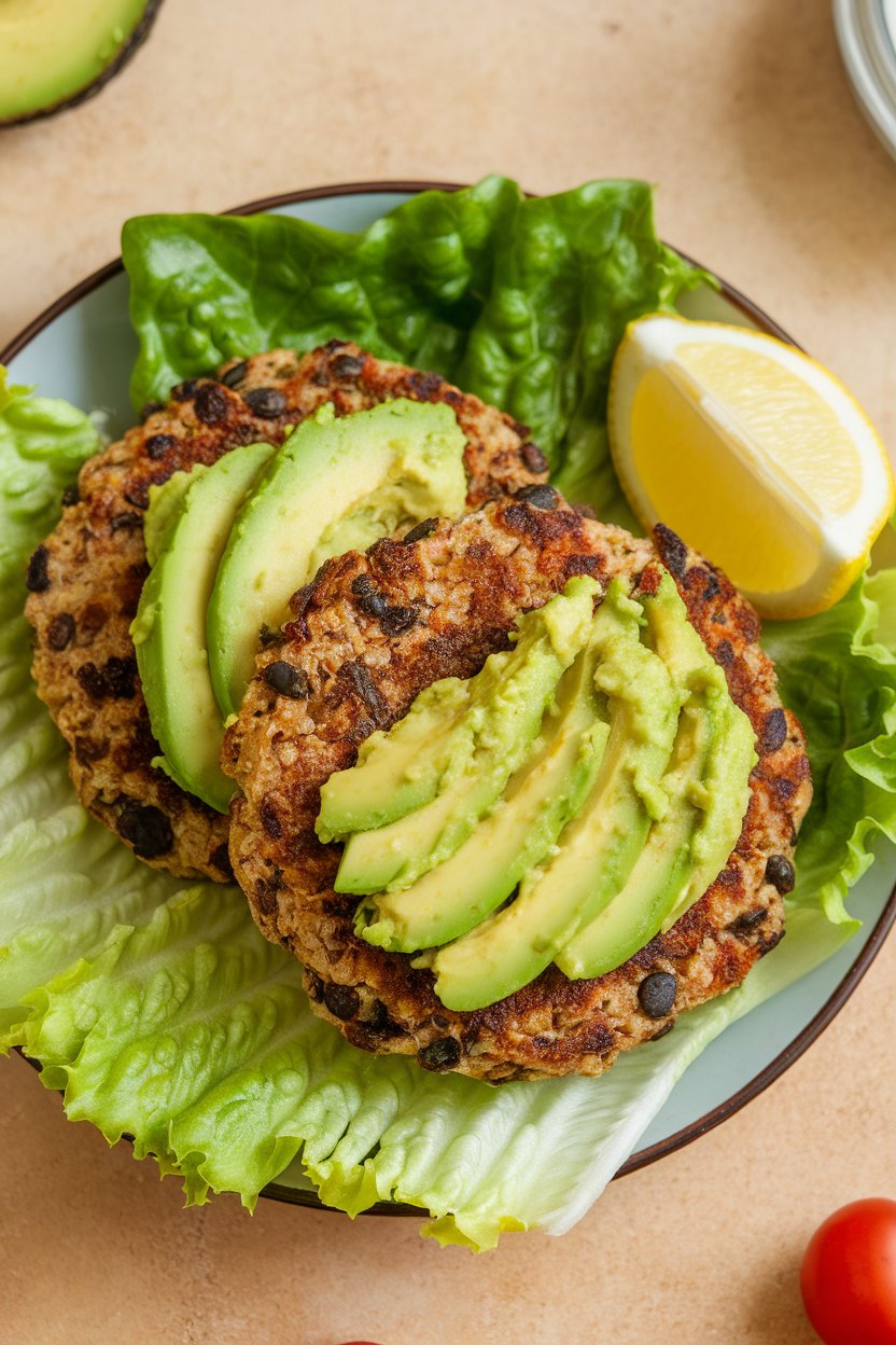 Indoor plate holding two black bean quinoa patties with avocado spread, no buns visible. No text or logos present.