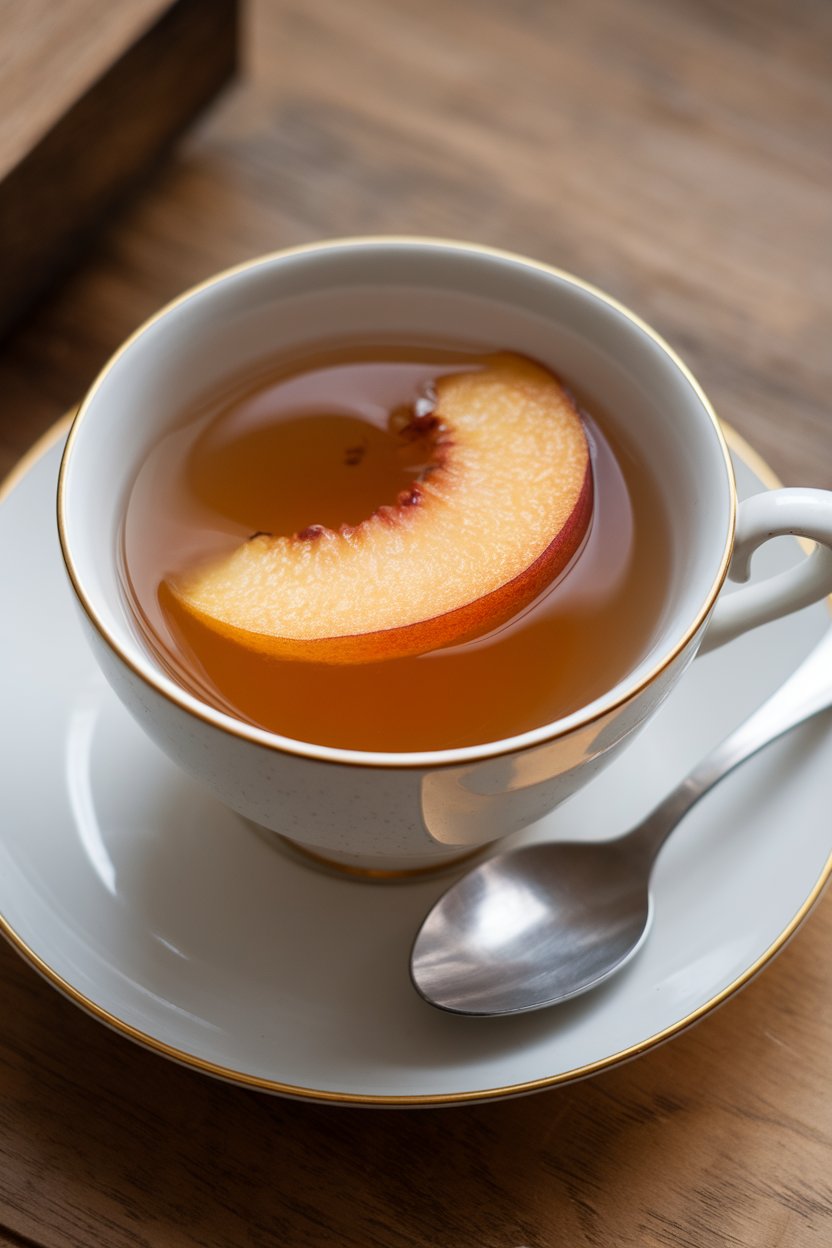 A photo of an indoor teacup containing pale amber tea, a thin slice of fresh peach floating on top; no text or logos.