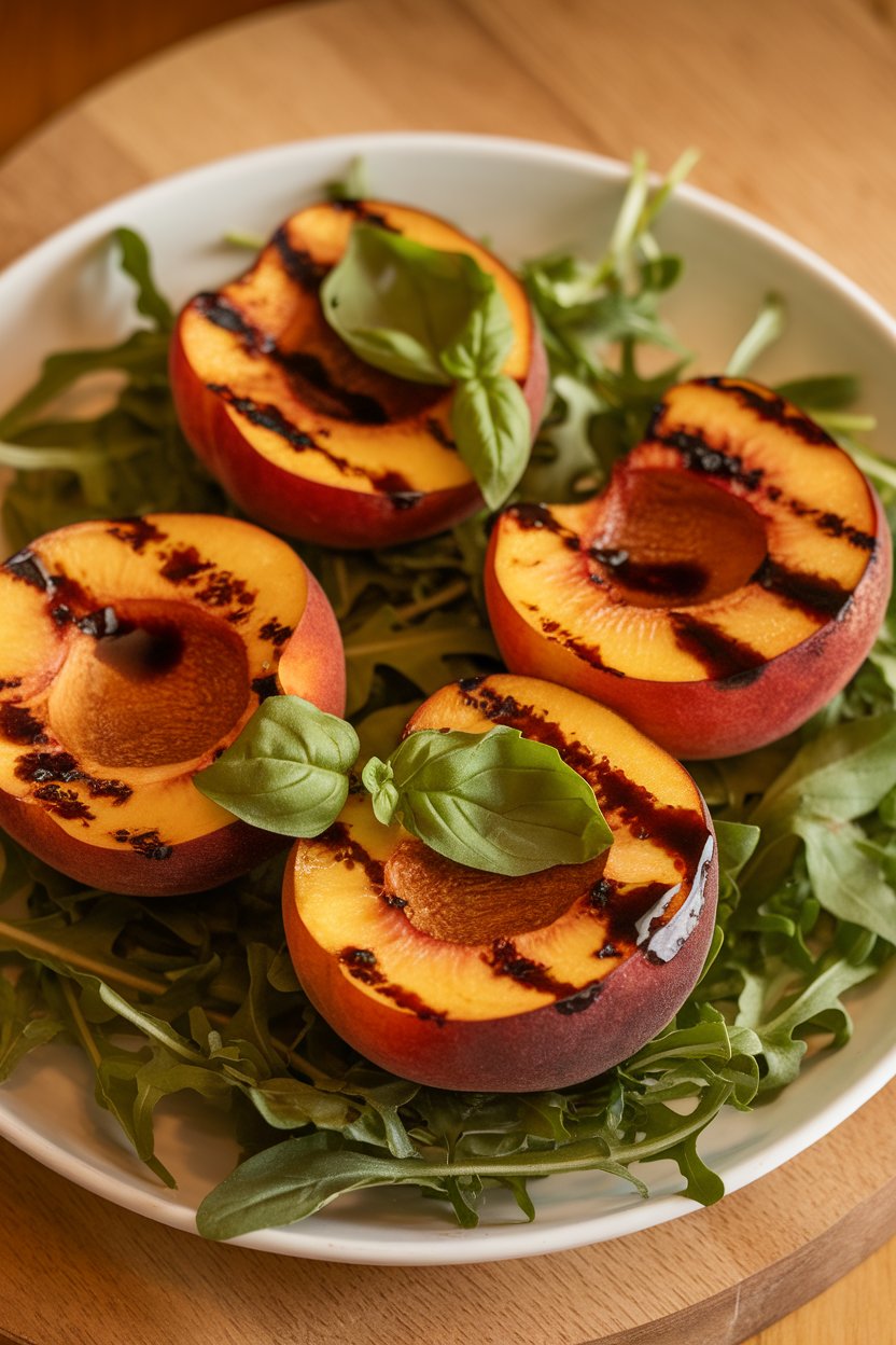 Indoor photo of grill-pan seared peach halves nestled on a bed of arugula, balsamic drizzle evident. No text or logos; photo.