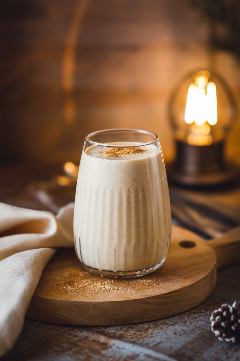 Photo of an indoor glass filled with creamy plant-based eggnog smoothie topped with ground nutmeg, warm lamp light, no text or logos.