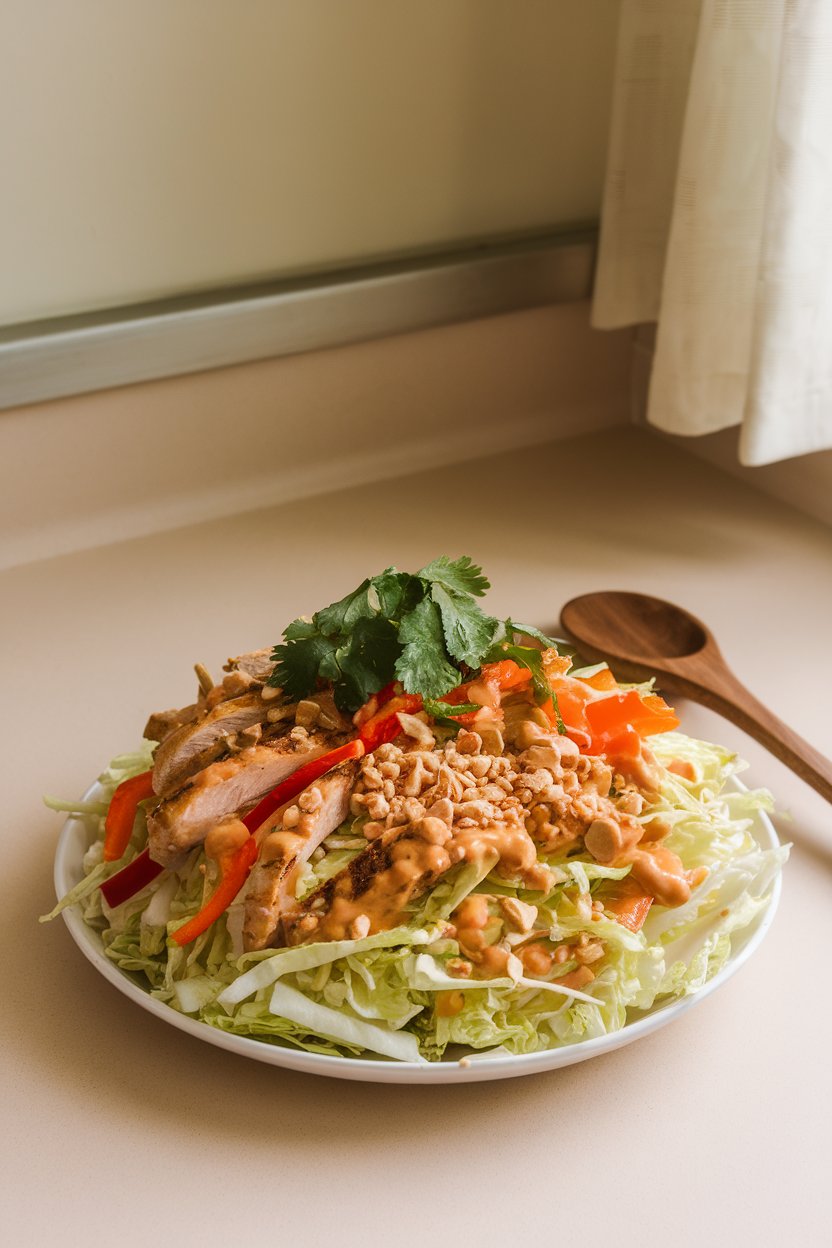 Indoor countertop with a vibrant salad of shredded cabbage, grilled chicken strips, julienned bell pepper, cilantro, and crushed peanuts, drizzled with peanut dressing. Photo only, no text or logos.