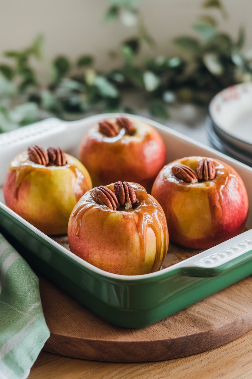 An indoor casserole dish with whole baked apples stuffed with pecans and maple syrup, photo only, no logos.